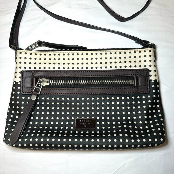 Fossil Dawson Polka Dot Brown, Black and Cream Crossbody Purse - Picture 3 of 6